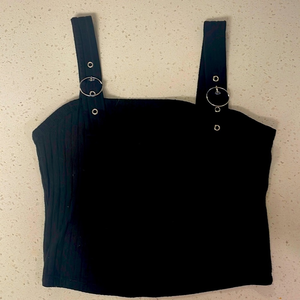 Black Ribbed Hollister tank with buckle details on straps